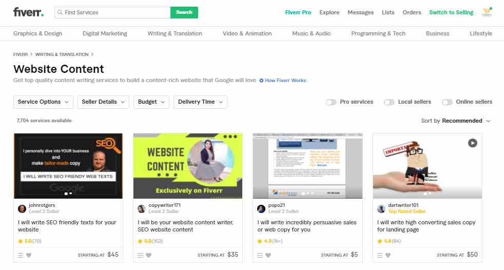 Best selling gig on Fiverr: Content writing